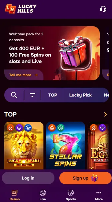 Luckyhills casino mobile app interface on smartphone