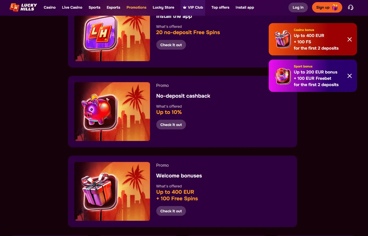Luckyhills welcome bonus and promotions screen