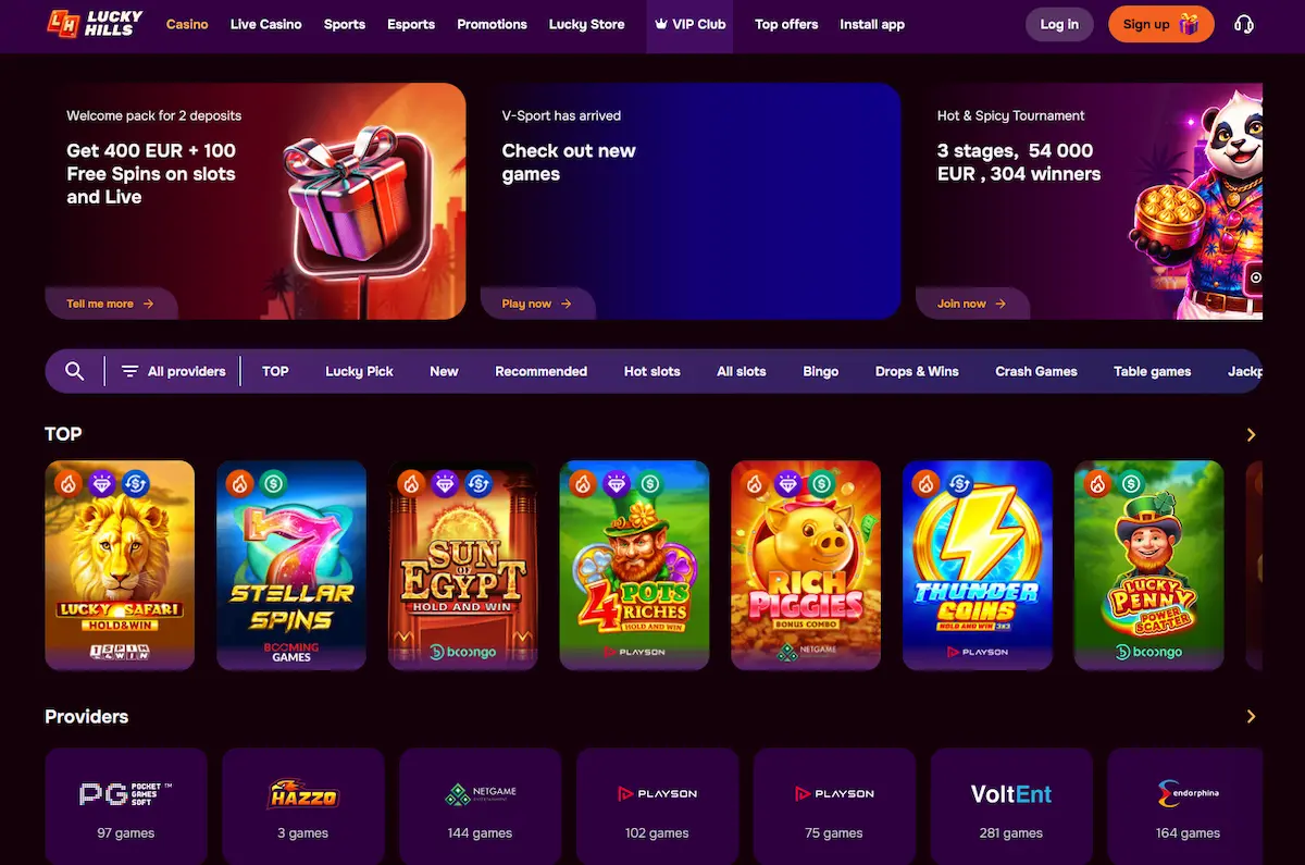 Luckyhills casino lobby with pokies grid and promotional banners